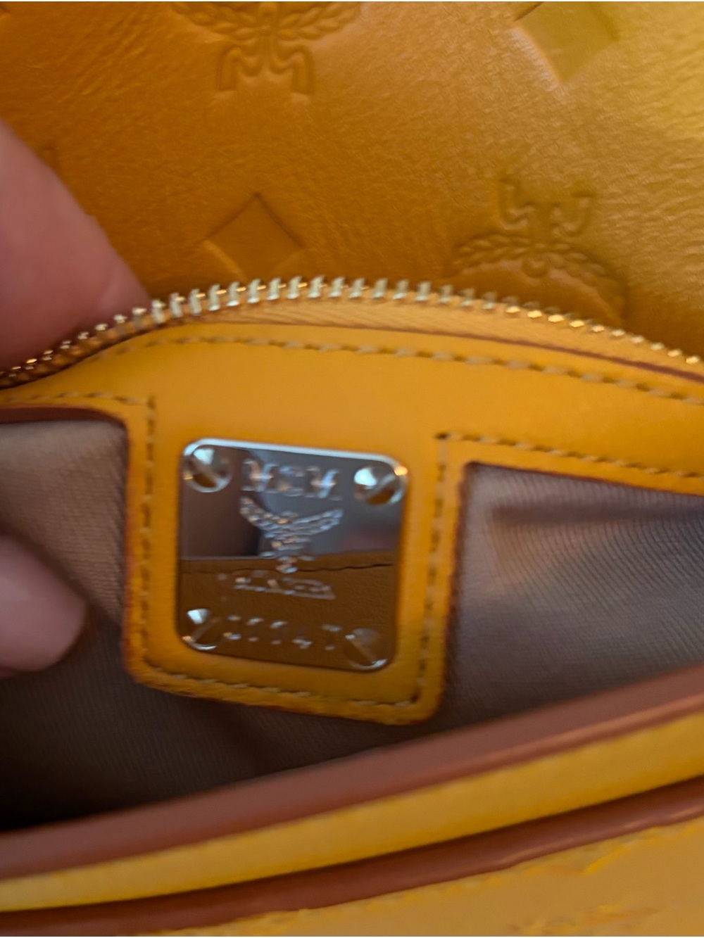 MCM Embossed Leather Envelope Clutch in Mustard - Picture 13 of 14